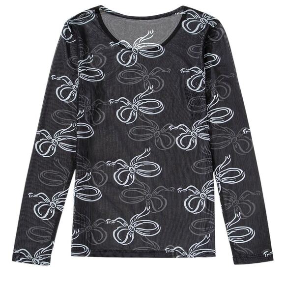 Black Round Neck Bow Print Long Sleeve Mesh Top New Sizes S M  XL - Picture 4 of 8